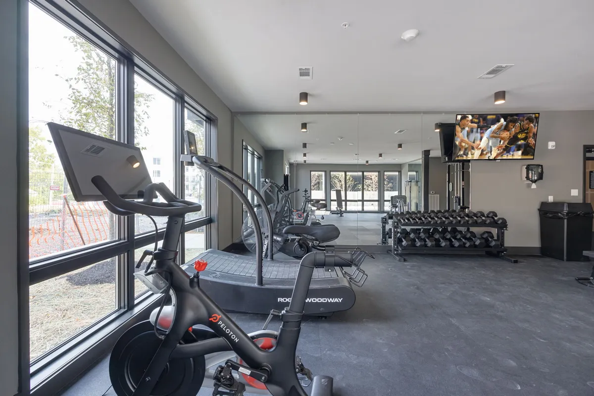 A state-of-the-art fitness center with a Peloton bike, treadmill, free weights, and a large TV, all surrounded by expansive windows that flood the space with natural light. The setting is modern and well-equipped, offering a motivational environment for health-conscious guests.