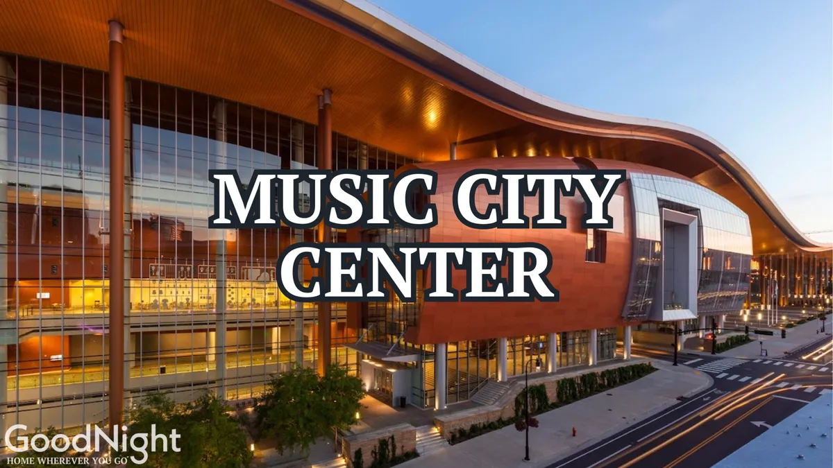 A vibrant exterior view of the Music City Center building, surrounded by trees and wide pavement, suggesting an energetic atmosphere ideal for conferences, live events, and cultural experiences in downtown Nashville.
