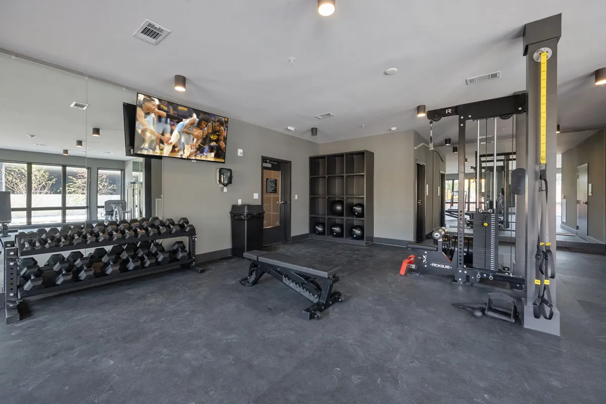 This image features a modern fitness center with a dumbbell rack, weight bench, multi-gym equipment, and a TV showing a sports event. The space is bright, clean, and designed for both solo workouts and group fitness activities.